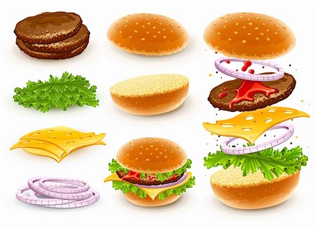 hamburger with cheese, lettuce, onion and meat rissole. Vector illustration Stockbilder - Microstock & Abonnement, Bildnummer: 400-04314472