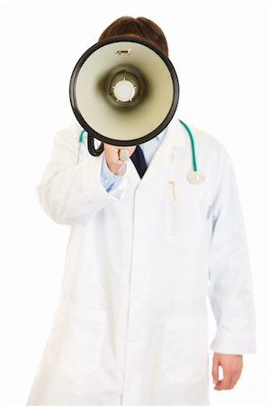 Doctor standing in front of camera and speaking into megaphone isolated on white Stock Photo - Budget Royalty-Free & Subscription, Code: 400-04315993