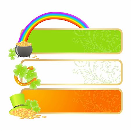 simsearch:400-04316567,k - Banners for St. Patrick's day in Irish flag colors and holiday symbols - Leprechaun hat, pot of gold and horseshoe Foto de stock - Royalty-Free Super Valor e Assinatura, Número: 400-04316540