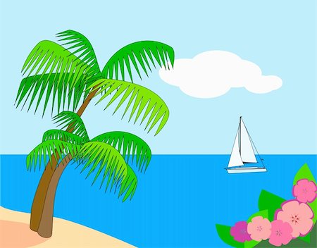 seascape drawing - Palm trees and flowers in the foreground     and a sailboat at sea. Stock Photo - Budget Royalty-Free & Subscription, Code: 400-04316671
