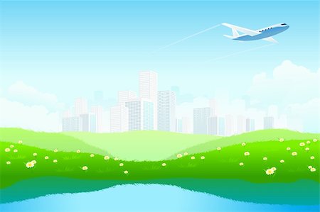 Green Landscape with City, aircraft, lake and flowers Stock Photo - Budget Royalty-Free & Subscription, Code: 400-04317523