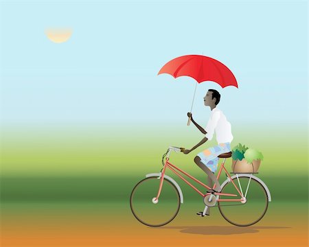 an illustration of an asian cyclist traveling on a red dusty track using a red umbrella as a parasol Stock Photo - Budget Royalty-Free & Subscription, Code: 400-04317803