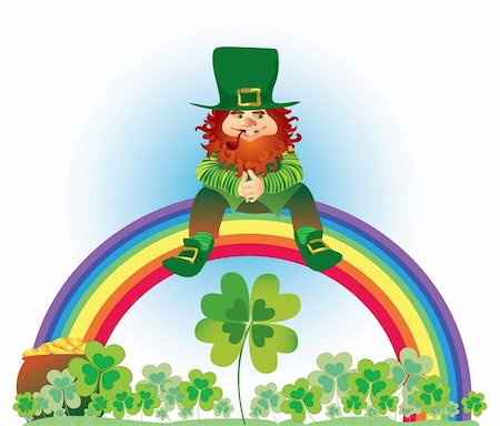 pot of gold - Vector illustration of  leprechaun sitting on the rainbow in shamrock meadow Stock Photo - Budget Royalty-Free & Subscription, Code: 400-04317876