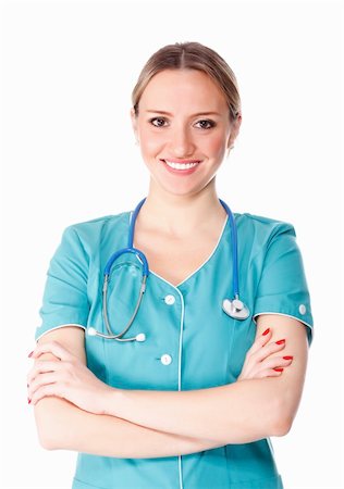 simsearch:6109-06006535,k - Smiling medical doctor woman with stethoscope. Isolated on white background. Stockbilder - Microstock & Abonnement, Bildnummer: 400-04317945