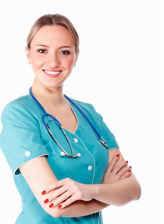 simsearch:6109-06006535,k - Smiling medical doctor woman with stethoscope. Isolated on white background. Stockbilder - Microstock & Abonnement, Bildnummer: 400-04317946