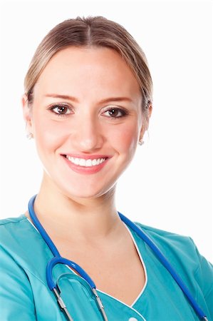 simsearch:6109-06006507,k - Smiling medical doctor woman with stethoscope. Isolated on white background Fotografie stock - Microstock e Abbonamento, Codice: 400-04317947
