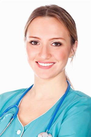 simsearch:6109-06006507,k - Smiling medical doctor woman with stethoscope. Isolated on white background Fotografie stock - Microstock e Abbonamento, Codice: 400-04317948