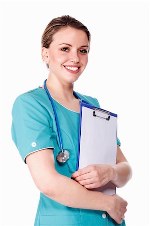 simsearch:400-04178933,k - Smiling female doctor holding a clipboard against white background. Stock Photo - Budget Royalty-Free & Subscription, Code: 400-04317953