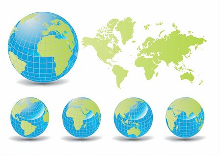 Earth globes with world map, different views vector illustration Stock Photo - Budget Royalty-Free & Subscription, Code: 400-04318360