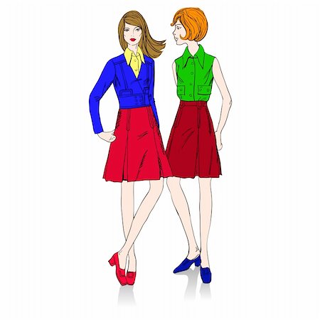 earring drawing - Two fashion  beautiful  girls standing nearby Photographie de stock - Aubaine LD & Abonnement, Code: 400-04318421