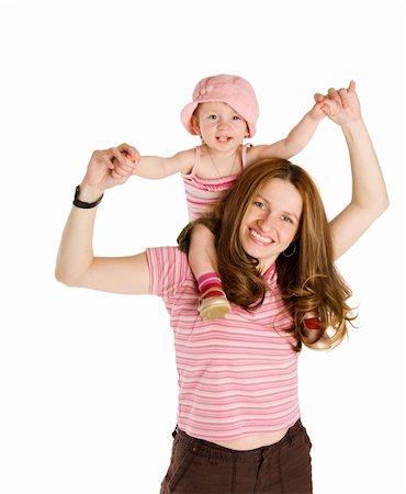 Mother holding child on shoulders isolated on white Stockbilder - Microstock & Abonnement, Bildnummer: 400-04319019
