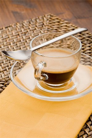 expresso bar - photo of hot espresso coffee in glass cup with tea spoon Stock Photo - Budget Royalty-Free & Subscription, Code: 400-04319086
