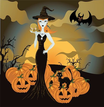 pumpkin leaf pattern - Halloween witch standing with skull and pumpkin Foto de stock - Super Valor sin royalties y Suscripción, Código: 400-04319380