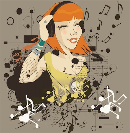 The young girl listens to music in headphone(vector illustration) Stock Photo - Budget Royalty-Free & Subscription, Code: 400-04319671