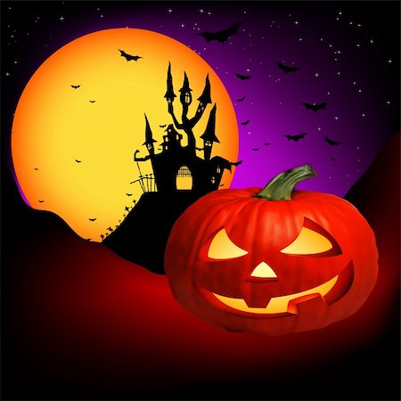 Vector Haunted House on a Graveyard hill at night with full moon. EPS 8 vector file included Stock Photo - Budget Royalty-Free & Subscription, Code: 400-04319732