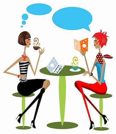 2 woman drink coffee, talking, reading fashion magazine cartoon illustration Photographie de stock - Aubaine LD & Abonnement, Code: 400-04319774