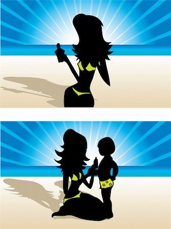 family relaxing with kids in the sun - Woman mother kid on beach vacation family sun health care silhouette emblem Stock Photo - Budget Royalty-Free & Subscription, Code: 400-04319865