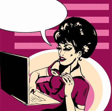 Popart Business woman  Illustration of business woman in office working with computer 1 Stock Photo - Budget Royalty-Free & Subscription, Code: 400-04319981