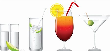 cocktails, gin and tonic, tequila sunrise, martini and tequila shot Stock Photo - Budget Royalty-Free & Subscription, Code: 400-04310445