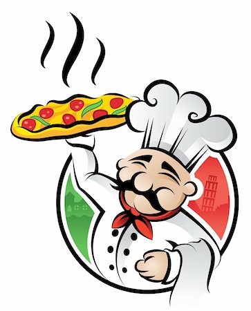 Illustration of an italian cartoon chef with a freshly baked pizza Stock Photo - Budget Royalty-Free & Subscription, Code: 400-04310553