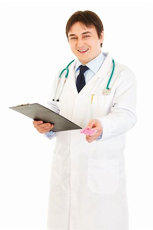 simsearch:400-07099832,k - Smiling doctor holding clipboard and prescription drugs in hands isolated on white Stock Photo - Budget Royalty-Free & Subscription, Code: 400-04310636