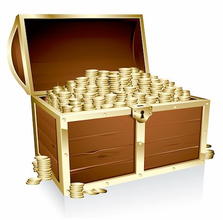 Wooden treasure chest loaded with golden coins Stock Photo - Budget Royalty-Free & Subscription, Code: 400-04310691