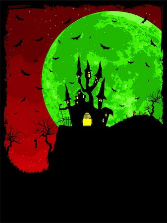 Grungy Halloween background with haunted house, bats and full moon. EPS 8 vector file included Stock Photo - Budget Royalty-Free & Subscription, Code: 400-04310713