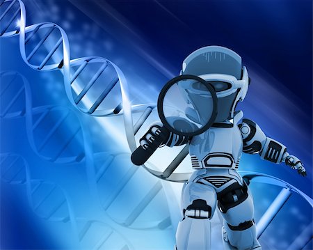 3D render of a robot holding a magnifying glass on a DNA background Stock Photo - Budget Royalty-Free & Subscription, Code: 400-04310974