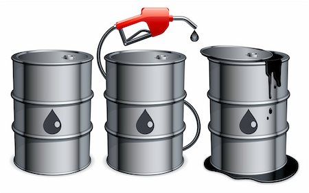 Three metal barrels with gas pump and spilled oil. Stock Photo - Budget Royalty-Free & Subscription, Code: 400-04311326