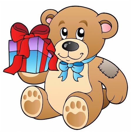 furry teddy bear - Cute teddy bear with gift - vector illustration. Stock Photo - Budget Royalty-Free & Subscription, Code: 400-04311436