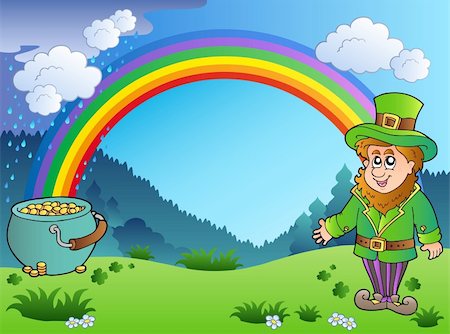 Meadow with rainbow and leprechaun - vector illustration. Stock Photo - Budget Royalty-Free & Subscription, Code: 400-04311447