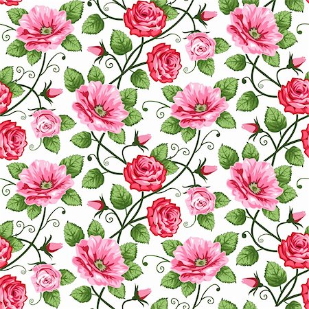 elakwasniewski (artist) - Vector roses seamless pattern on white, repeating design. Foto de stock - Super Valor sin royalties y Suscripción, Código: 400-04312145
