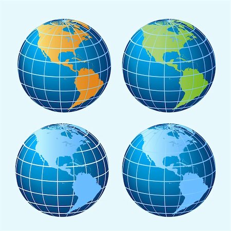 earth vector south america - Four colored sphere globes showing America continents Stock Photo - Budget Royalty-Free & Subscription, Code: 400-04312424