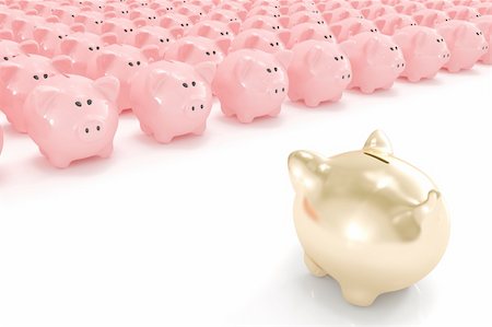 simsearch:400-07574972,k - High quality 3d image of a golden piggy bank facing hundreds of other piggy banks Stock Photo - Budget Royalty-Free & Subscription, Code: 400-04312725