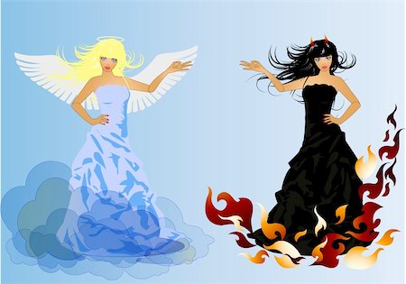 Good and evil. Desire and Innocence. Angel and Devil. Vector Illustration of two beautiful girls in retro style. Stock Photo - Budget Royalty-Free & Subscription, Code: 400-04312739