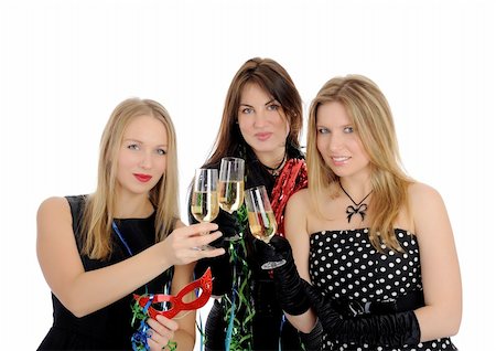 pretty woman laughter party - Group of three beautiful woman with glasses of champagne celebrating on party. isolated on white background Stock Photo - Budget Royalty-Free & Subscription, Code: 400-04312759