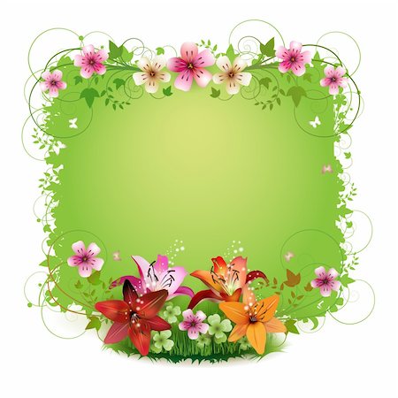 simsearch:400-06170897,k - Green background with flowers and butterflies isolated on white Photographie de stock - Aubaine LD & Abonnement, Code: 400-04324496