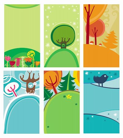 Four-season colorful nature banners: Spring, Summer, Autumn Winter. Floral elements like beautiful flowers and plants, trees, pines, mushrooms, Birds singing in the forest, and winter snowflakes. Natural decorative illustration have space for your text Stock Photo - Budget Royalty-Free & Subscription, Code: 400-04324958