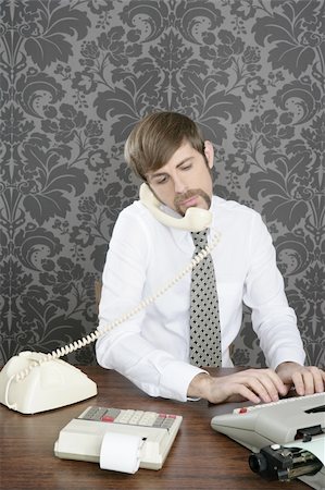 retro mustache multitask businessman office desk on vintage wallpaper Fotografie stock - Microstock e Abbonamento, Codice: 400-04324991