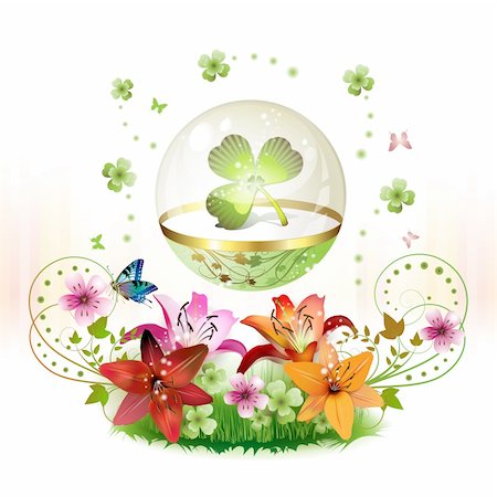 simsearch:400-05894214,k - Clover in glass globe with flowers and butterflies for St. Patrick's Day Stock Photo - Budget Royalty-Free & Subscription, Code: 400-04325006