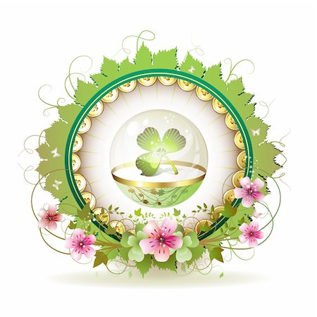 simsearch:400-07303639,k - Circular floral frame with clover in glass globe and gold decoration for St. Patrick's Day Photographie de stock - Aubaine LD & Abonnement, Code: 400-04325039