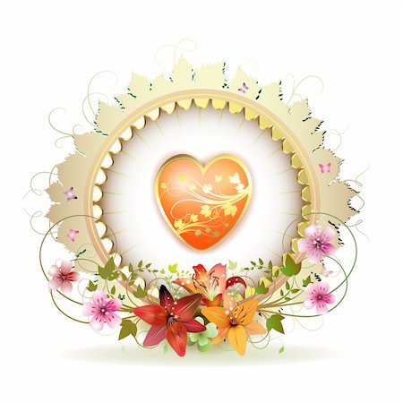 simsearch:400-04783303,k - Circular floral frame with heart, lilies and gold decoration for Valentine's day Foto de stock - Super Valor sin royalties y Suscripción, Código: 400-04325080