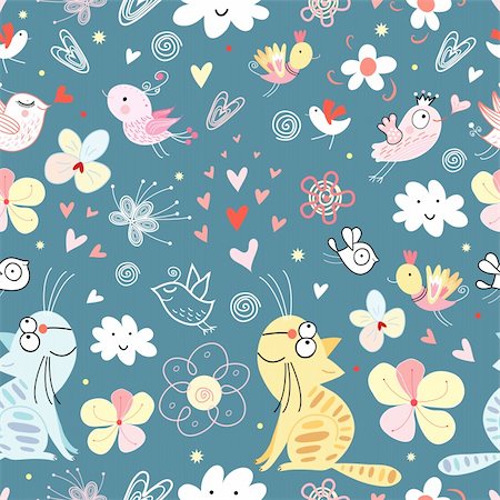 retro cat pattern - seamless floral pattern with cats and birds on a dark blue background Stock Photo - Budget Royalty-Free & Subscription, Code: 400-04325233