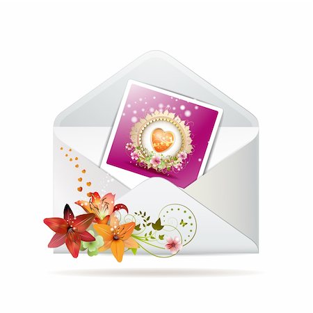 simsearch:400-06061555,k - Envelope with lilies and photo with heart for Valentine's day, icon, item isolated on white background Photographie de stock - Aubaine LD & Abonnement, Code: 400-04325311