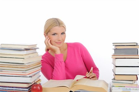 simsearch:400-04351619,k - young pretty smart woman with lots of books reading and study. isolated on white background Foto de stock - Super Valor sin royalties y Suscripción, Código: 400-04325568