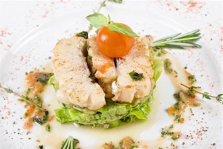 Salad of roasted filet pikeperch with courgette and aubergine, and cherry tomato Stock Photo - Budget Royalty-Free & Subscription, Code: 400-04325746