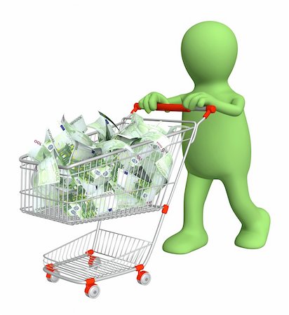 person paying cash in supermarket - Puppet with shopping cart and euro. Isolated over white Photographie de stock - Aubaine LD & Abonnement, Code: 400-04326119