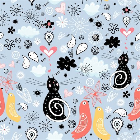 retro cat pattern - seamless pattern with black cats and birds Stock Photo - Budget Royalty-Free & Subscription, Code: 400-04326826