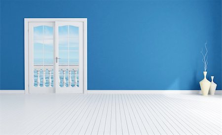 blue empty room with closed windows with white plank wood floor-rendering-the image on background is a my rendering composition Stock Photo - Budget Royalty-Free & Subscription, Code: 400-04327100