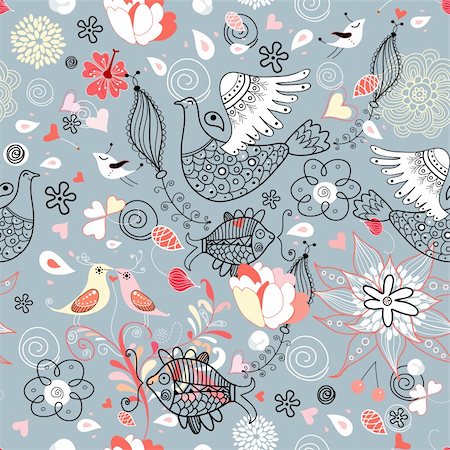 Seamless red floral pattern with birds and fishes on a blue background Foto de stock - Super Valor sin royalties y Suscripción, Código: 400-04327719